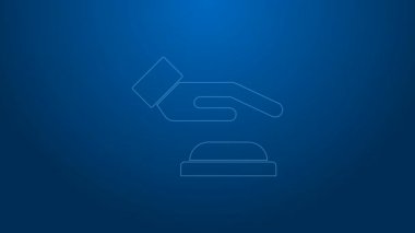 Beyaz çizgi Palm print tanımlama simgesi mavi arkaplanda izole edildi. Biyometrik el taraması. Parmak izi tanımlaması. Sistem tanıma ve doğrulama. 4K Video hareketli grafik canlandırması