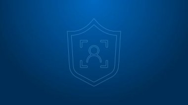 Beyaz çizgi kalkanı yüz tanıma simgesi mavi arkaplanda izole edildi. Yüz tanımlama simgesi. Yüz tanıma. Siber güvenlik kavramı. 4K Video hareketli grafik canlandırması