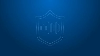 Beyaz çizgi Kalkan ses tanıma simgesi mavi arkaplanda izole edildi. Kimlik tanıma için ses biyometrik kimlik doğrulaması. 4K Video hareketli grafik canlandırması