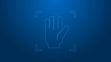 Beyaz çizgi Palm print tanımlama simgesi mavi arkaplanda izole edildi. Biyometrik el taraması. Parmak izi tanımlaması. Sistem tanıma ve doğrulama. 4K Video hareketli grafik canlandırması