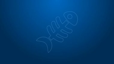 Mavi arka planda beyaz çizgi Balık iskeleti simgesi izole edildi. Balık kemiği işareti. 4K Video hareketli grafik canlandırması