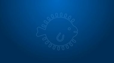 Beyaz çizgi kirpi balığı simgesi mavi arkaplanda izole edildi. Fugu balığı Japon kirpi balığı. 4K Video hareketli grafik canlandırması