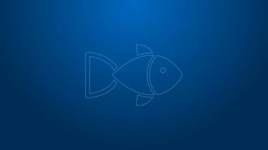 Beyaz çizgi Balık simgesi mavi arkaplanda izole edildi. 4K Video hareketli grafik canlandırması