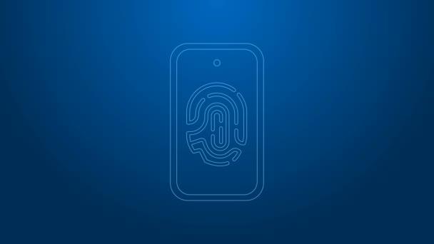 Smartphone garis putih dengan ikon scanner sidik jari terisolasi pada latar belakang biru. Konsep keamanan, akses pribadi melalui jari pada ponsel. Animasi grafis gerak Video 4K — Stok Video