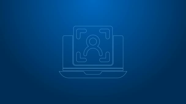 Línea blanca Laptop con icono de reconocimiento facial aislado sobre fondo azul. Icono del escáner de identificación facial. Identificación facial. Concepto de seguridad cibernética. Animación gráfica de vídeo 4K — Vídeos de Stock