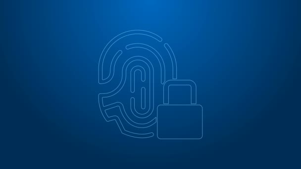 Línea blanca Huella dactilar con icono de bloqueo aislado sobre fondo azul. Icono de aplicación ID. Signo de identificación. Touch id. Animación gráfica de vídeo 4K — Vídeo de stock