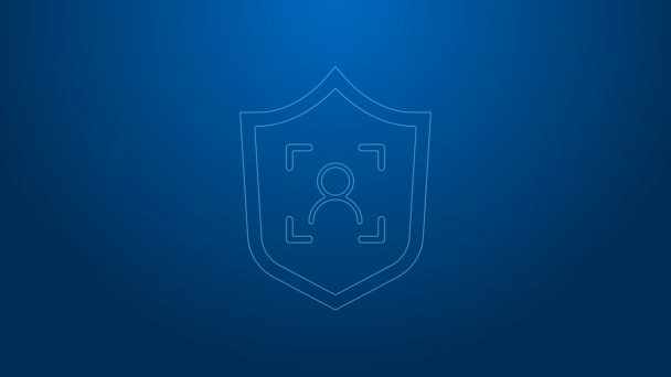 Icono de reconocimiento facial White line Shield aislado sobre fondo azul. Icono del escáner de identificación facial. Identificación facial. Concepto de seguridad cibernética. Animación gráfica de vídeo 4K — Vídeos de Stock