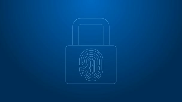 White line Fingerprint with lock icon isolated on blue background. ID app icon. Identification sign. Touch id. 4K Video motion graphic animation — Stock Video