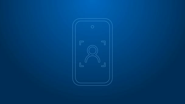 Beyaz çizgi cep telefonu ve yüz tanıma simgesi mavi arkaplanda izole edildi. Yüz tanımlama simgesi. Yüz tanıma. Siber güvenlik. 4K Video hareketli grafik canlandırması — Stok video