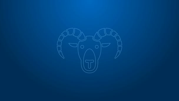 White line Head of goat or ram icon isolated on blue background. Mountain sheep. Animal symbol. 4K Video motion graphic animation — Stock Video