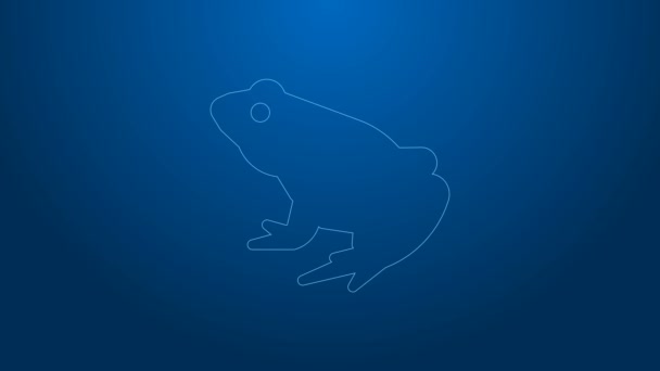Icono de rana de línea blanca aislado sobre fondo azul. Símbolo animal. Animación gráfica de vídeo 4K — Vídeo de stock