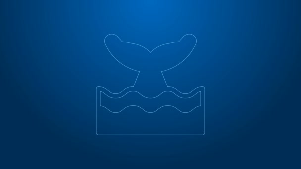Linea bianca coda di balena nell'icona dell'onda oceanica isolata su sfondo blu. Animazione grafica 4K Video motion — Video Stock