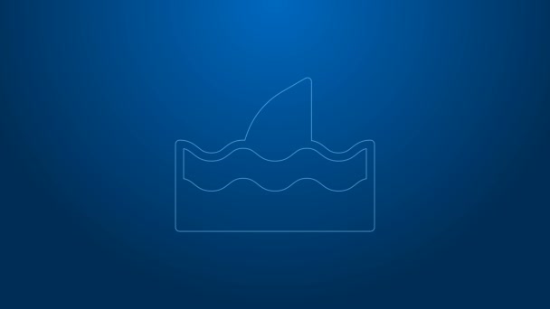 파란 배경에 고립 된 바다 웨이브 아이콘에 흰 선 상어 지느러미. 4K 비디오 모션 그래픽 애니메이션 — 비디오