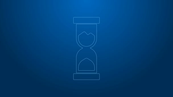 Bílá čára Staré přesýpací hodiny s tekoucí pískovou ikonou izolované na modrém pozadí. Pískové hodiny. Obchodní a časová koncepce. Grafická animace pohybu videa 4K — Stock video