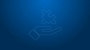 Psikoloji ikonundaki soruna beyaz çizgi çözümü mavi arka planda izole edildi. Bulmaca. Akıl sağlığı terapisi. 4K Video hareketli grafik canlandırması