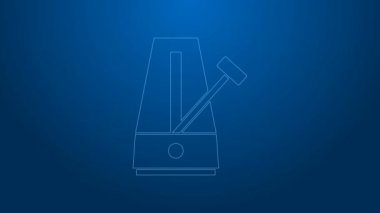 Mavi arkaplanda izole edilmiş hareket simgesi olan beyaz çizgi Klasik Metronom. Müzik ve ritim mekanizması. 4K Video hareketli grafik canlandırması