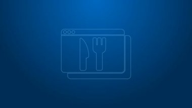 Beyaz hat online sipariş ve fast food dağıtım ikonu mavi arka planda izole edildi. 4K Video hareketli grafik canlandırması