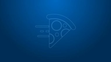 Beyaz hat online sipariş ve hızlı pizza dağıtım ikonu mavi arka planda izole edildi. 4K Video hareketli grafik canlandırması