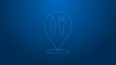 Beyaz çizgili kafe ve restoran konumu ikonu mavi arka planda izole edildi. Noktanın içinde çatal ve kaşık yeme işareti var. 4K Video hareketli grafik canlandırması.