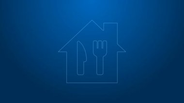 Beyaz hat online sipariş ve fast food dağıtım ikonu mavi arka planda izole edildi. 4K Video hareketli grafik canlandırması