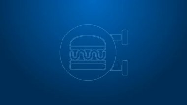 Beyaz hat online sipariş ve hamburger dağıtım ikonu mavi arka planda izole edildi. 4K Video hareketli grafik canlandırması