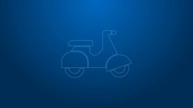 Beyaz çizgi Scooter dağıtım ikonu mavi arkaplanda izole edildi. Teslimat hizmeti konsepti. 4K Video hareketli grafik canlandırması