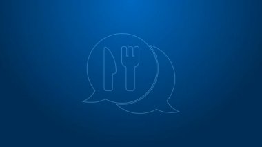 Beyaz çizgili kafe ve restoran konumu ikonu mavi arka planda izole edildi. Noktanın içinde çatal ve kaşık yeme işareti var. 4K Video hareketli grafik canlandırması.