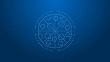 Beyaz çizgi pizza simgesi mavi arkaplanda izole edildi. Fast food menüsü. 4K Video hareketli grafik canlandırması