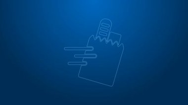 Beyaz hat online sipariş ve fast food dağıtım ikonu mavi arka planda izole edildi. 4K Video hareketli grafik canlandırması