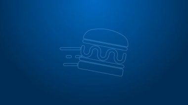 Beyaz hat online sipariş ve hamburger dağıtım ikonu mavi arka planda izole edildi. 4K Video hareketli grafik canlandırması