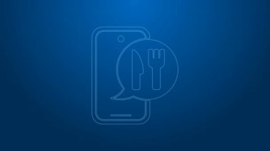 Beyaz hat online sipariş ve fast food dağıtım ikonu mavi arka planda izole edildi. Burger tabelası. 4K Video hareketli grafik canlandırması