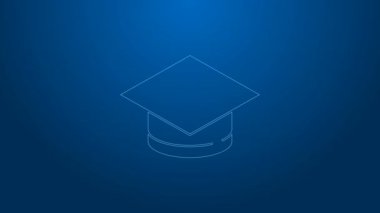 Beyaz çizgi mezuniyet simgesi mavi arka planda izole edildi. Tassel ikonlu mezuniyet şapkası. 4K Video hareketli grafik canlandırması