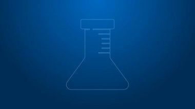 Mavi arka planda beyaz çizgi test tüpü ve matara simgesi izole edildi. Kimyasal laboratuvar testi. Laboratuvar camları. 4K Video hareketli grafik canlandırması