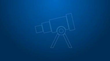 Beyaz çizgi Teleskop simgesi mavi arkaplanda izole edildi. Bilimsel bir alet. Eğitim ve astronomi elementi, dürbün ve çalışma yıldızları. 4K Video hareketli grafik canlandırması