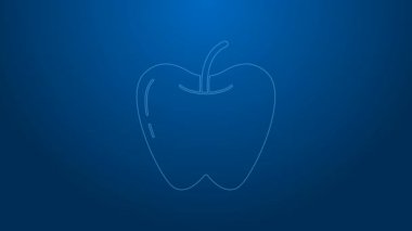 Apple 'ın beyaz çizgi simgesi mavi arkaplanda izole edildi. Yaprak sembollü meyve. 4K Video hareketli grafik canlandırması