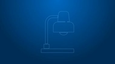 Mavi arkaplanda beyaz çizgi masa lambası simgesi izole edildi. 4K Video hareketli grafik canlandırması