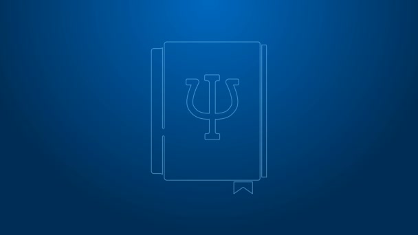 白い線青の背景に隔離された心理学の本のアイコン。PSIのシンボル。精神保健の概念,精神分析と精神療法.4Kビデオモーショングラフィックアニメーション — ストック動画