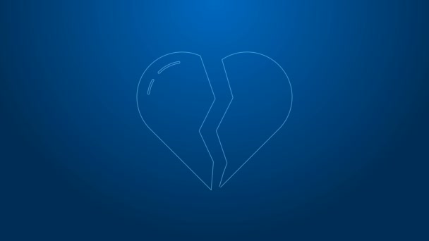 Línea blanca Corazón roto o icono de divorcio aislado sobre fondo azul. Símbolo de amor. Día de San Valentín. Animación gráfica de vídeo 4K — Vídeos de Stock