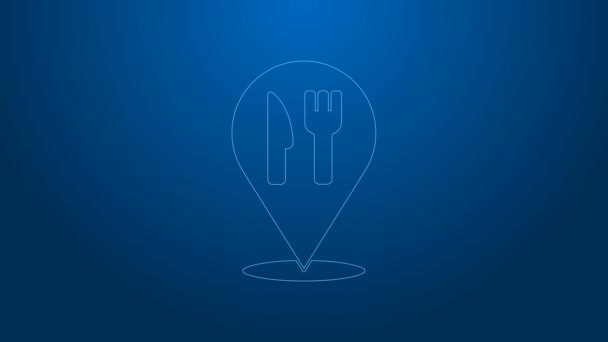 Weiße Linie Cafe und Restaurant Standort Symbol isoliert auf blauem Hintergrund. Gabel und Löffel signalisieren im Inneren punktgenau. 4K Video Motion Grafik Animation. — Stockvideo
