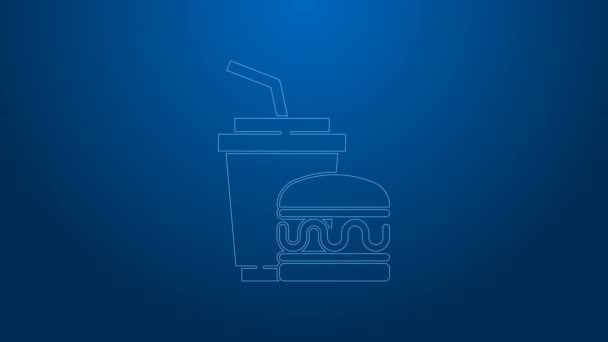 Biała linia Szkło papierowe ze słomką do picia i ikoną burger izolowane na niebieskim tle. Napój sodowy. Hamburger, kanapka z cheeseburgerem. 4K Animacja graficzna ruchu wideo — Wideo stockowe