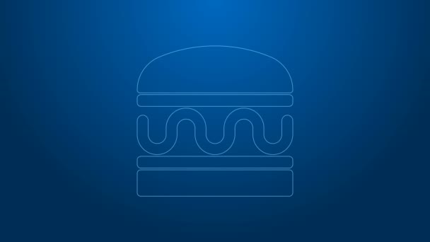 Witte lijn Burger pictogram geïsoleerd op blauwe achtergrond. Hamburger icoon. Cheeseburger sandwichbord. Fastfood menu. 4K Video motion grafische animatie — Stockvideo