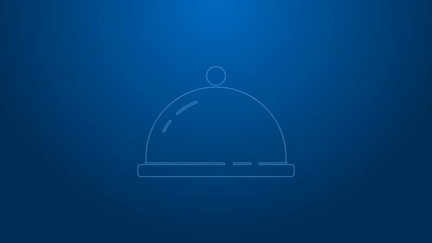 Linea bianca Coperta da un vassoio di icona del cibo isolato su sfondo blu. Segnale vassoio e coperchio. Cloche ristorante con coperchio. Animazione grafica 4K Video motion — Video Stock