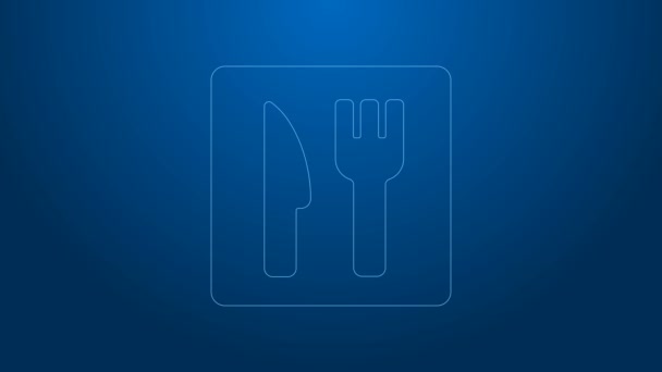 Linea bianca Cafe e icona posizione ristorante isolato su sfondo blu. Forchetta e cucchiaio segno ristorante all'interno punto focale. Animazione grafica 4K Video motion. — Video Stock