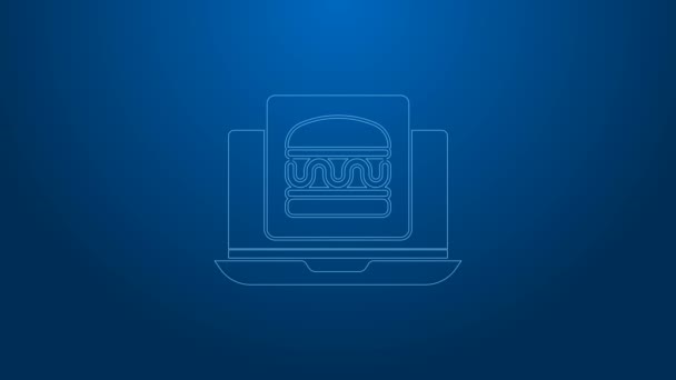 Línea blanca Icono de pedido en línea y entrega de hamburguesas aislado sobre fondo azul. Animación gráfica de vídeo 4K — Vídeos de Stock