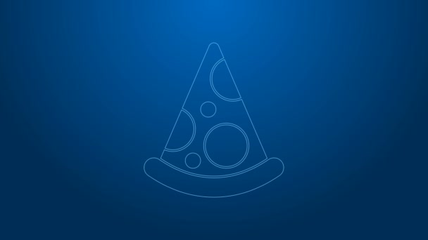 Fehér vonal szelet pizza ikon elszigetelt kék alapon. Gyorsétlap. 4K Videó mozgás grafikus animáció — Stock videók
