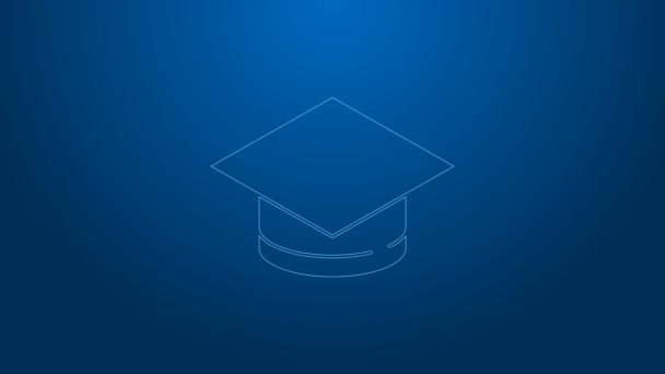 White line Graduation cap icon isolated on blue background. Graduation hat with tassel icon. 4K Video motion graphic animation — Stock Video