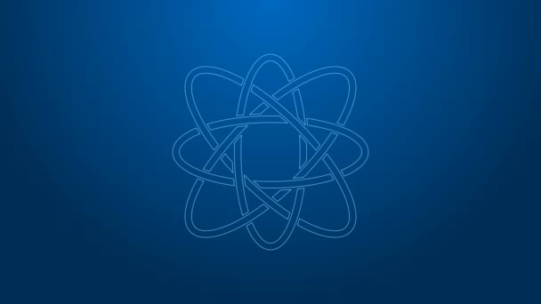Biała ikona Atom na niebieskim tle. Symbol nauki, edukacji, fizyki jądrowej, badań naukowych. 4K Animacja graficzna ruchu wideo — Wideo stockowe