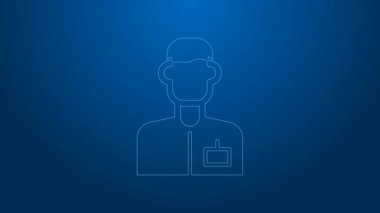 Beyaz çizgi analisti mühendis simgesi mavi arkaplanda izole edildi. 4K Video hareketli grafik canlandırması