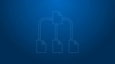 Mavi arkaplanda beyaz çizgi ağaç simgesi izole edildi. Bilgisayar ağı dosya dizini yapı akış şeması. 4K Video hareketli grafik canlandırması