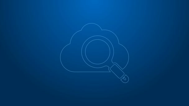 Linea bianca Cerca l'icona del cloud computing isolata su sfondo blu. Lente d'ingrandimento e nuvola. Animazione grafica 4K Video motion — Video Stock